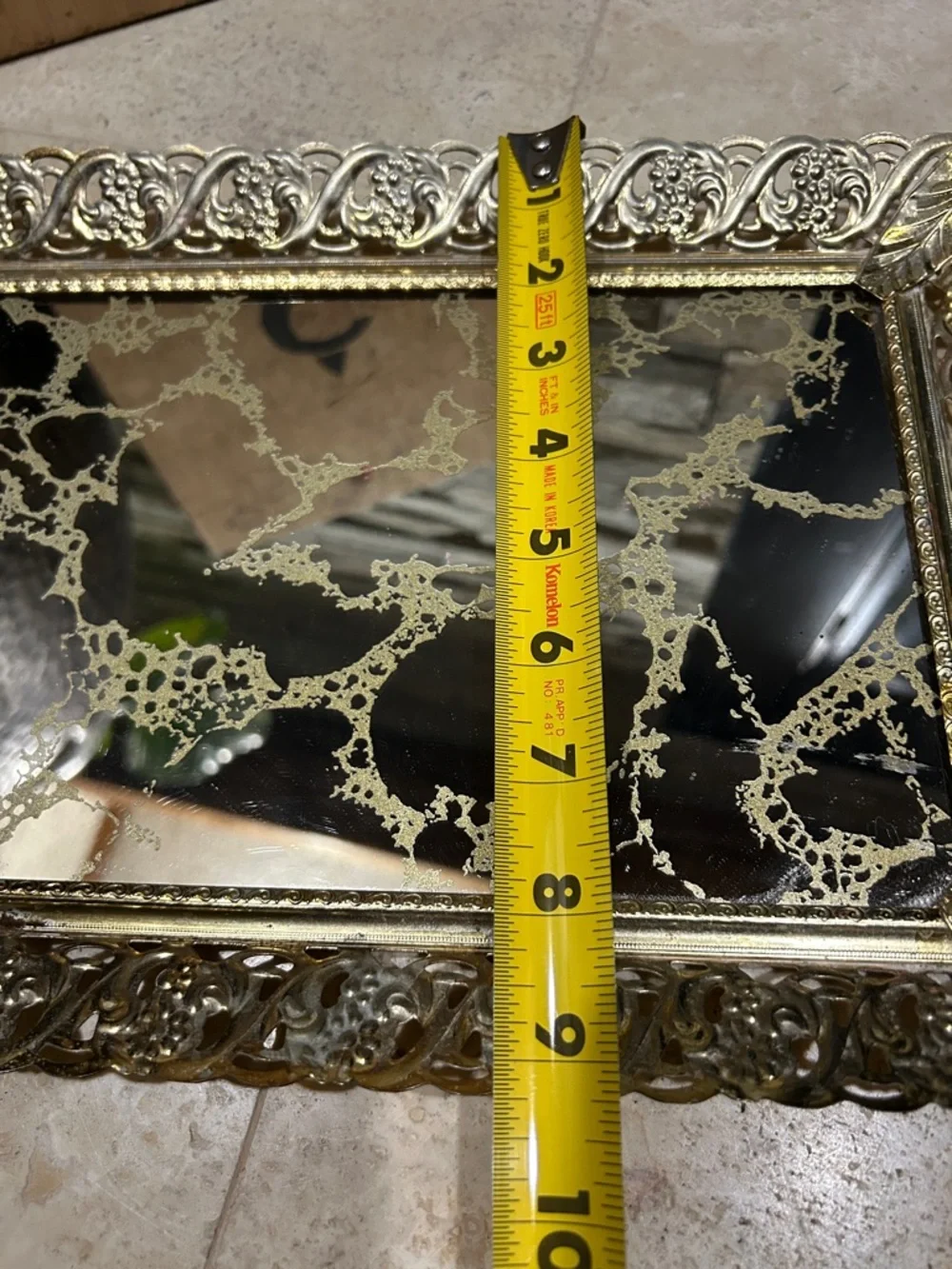 Ornate Vintage Hollywood Regency Gold Filigree Mirrored Vanity Tray